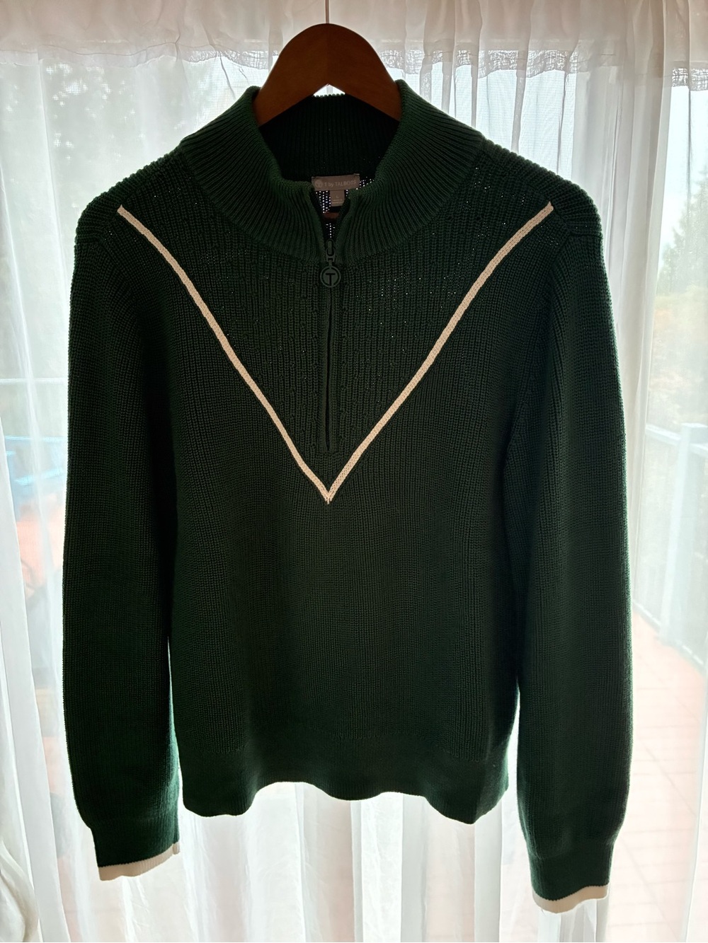 Talbots Dark Green Half-Zip Sweater with Cream Contrast Trim